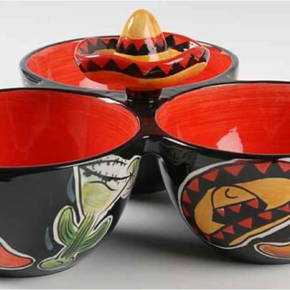 Clay Art Salsa Condiment Serving Bowl Below the Border Ceramic 3 Section Perfect
